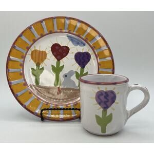 Rabbit Heart Flowers Childs Dining Set Plate Cup Hand Painted Pottery Hungary